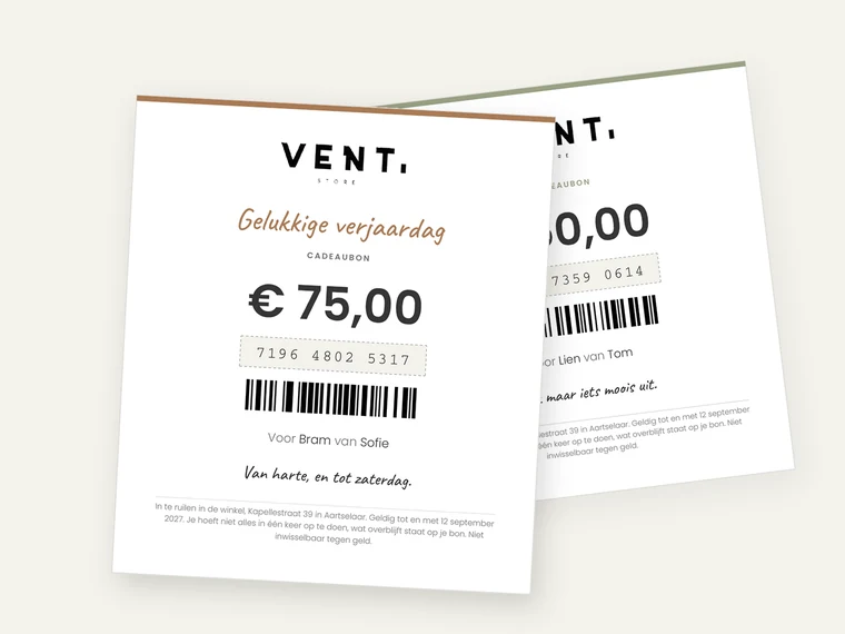 Twee digitale cadeaubonnen van VENT
